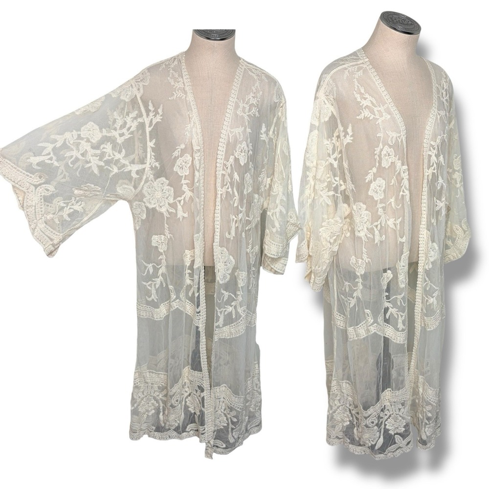 Adiva Kimono Cardigan XL Ivory Floral Lace Mesh Embroidered Boho Sheer Duster